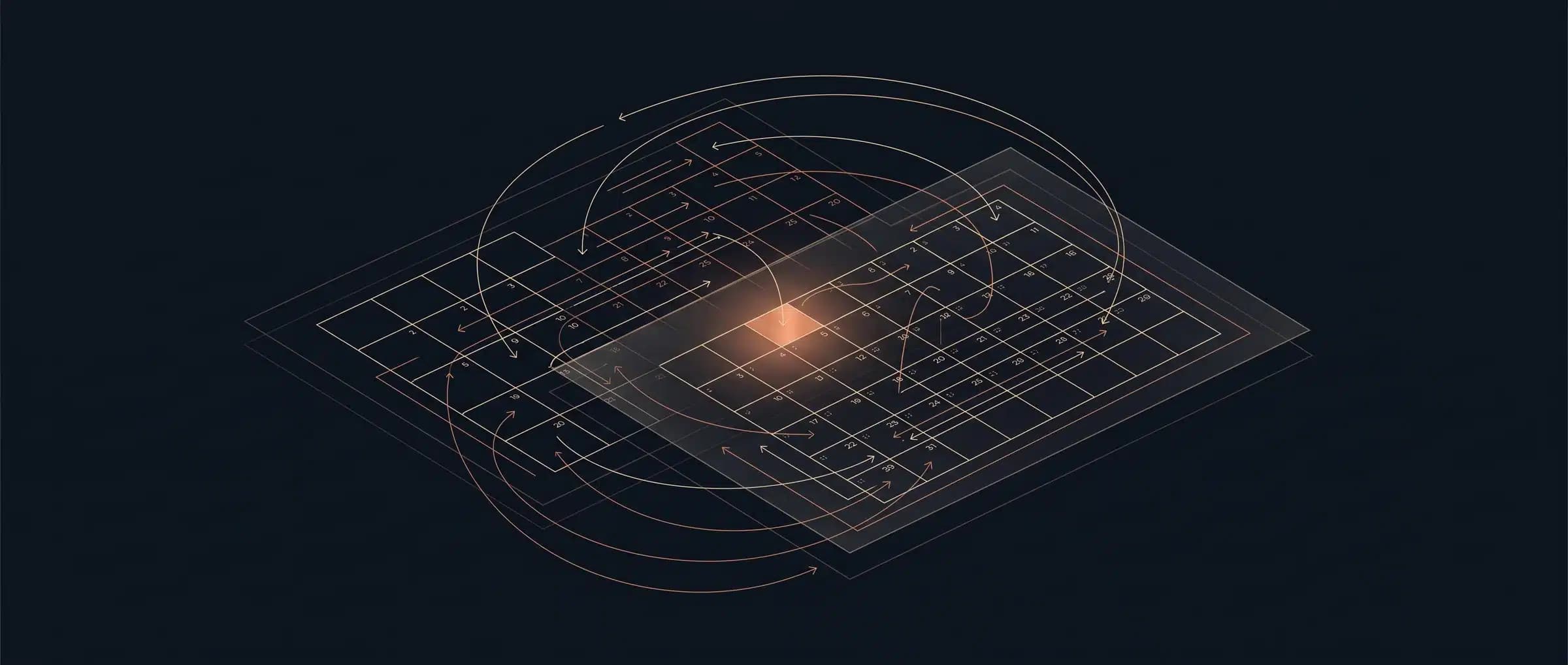 Two calendar grids in isometric line art, joined by looping arrows, with one date cell glowing where they overlap