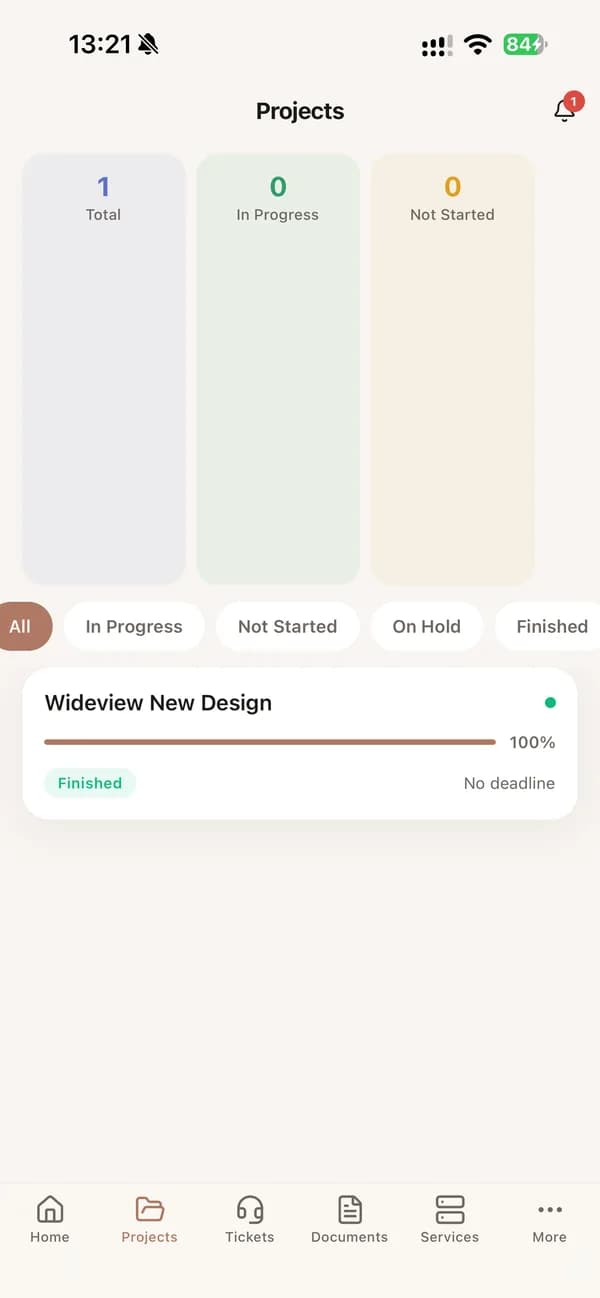 Wideview Support: Projects with progress and status