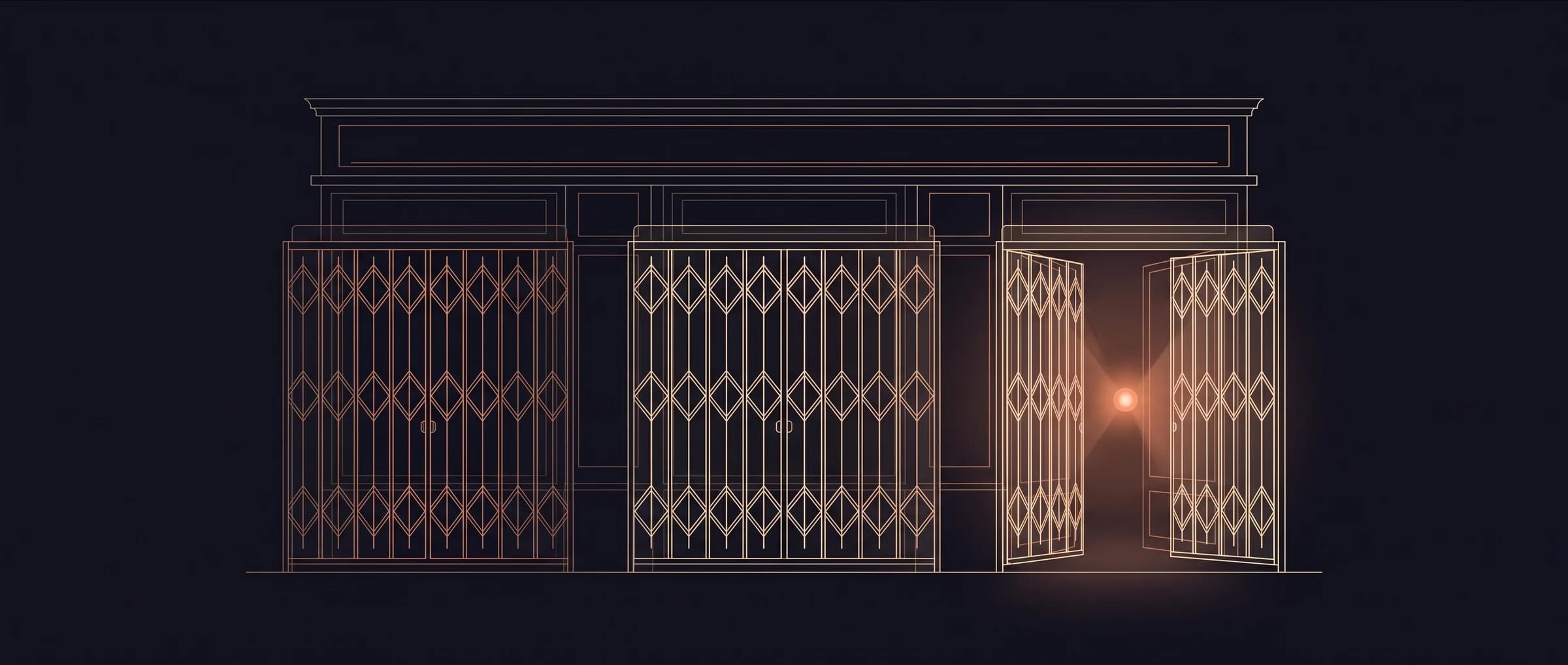 A shopfront drawn in fine lines with three shuttered gates, the third standing open with a warm light behind it